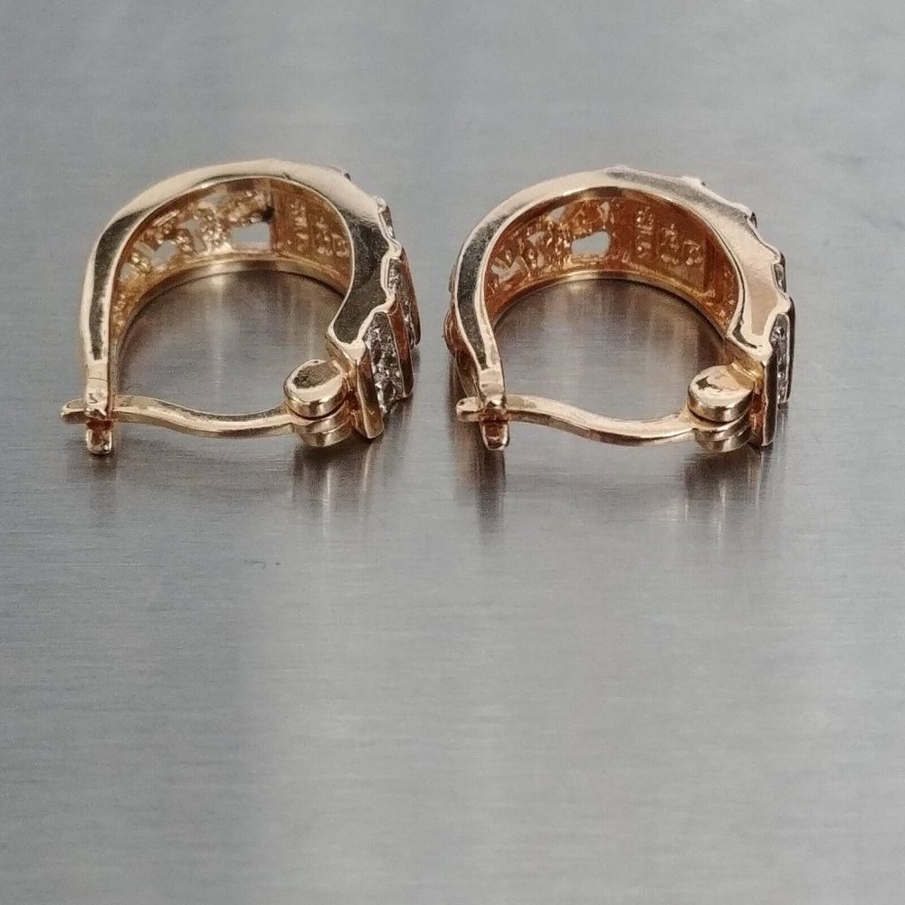 925 R CHINA SILVER - GOLD TONE HUGGIE EARRINGS WHITE CZ - Picture 6 of 11